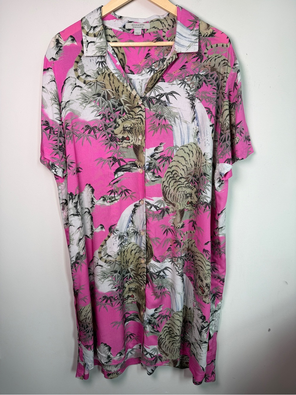 AllSaints Athea Tai Nui Tiger Print Muumuu Shirt Dress Pink Sz 12